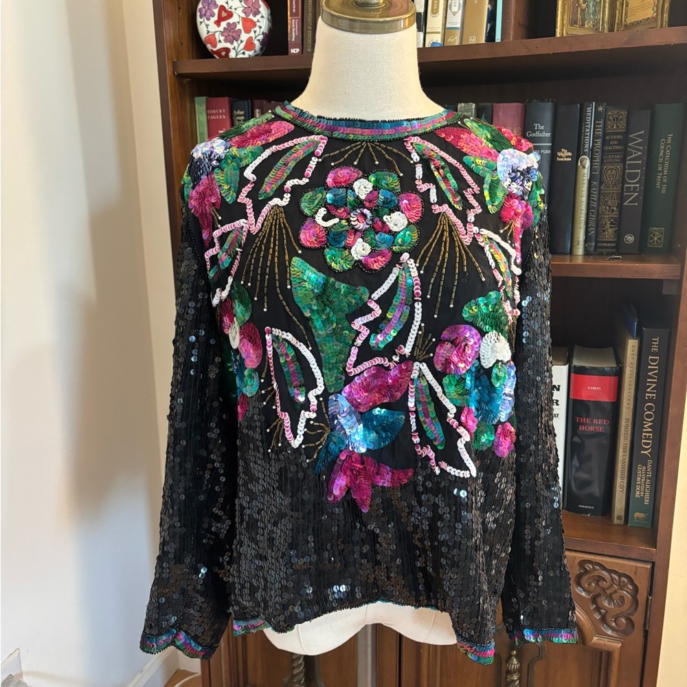 TRUE VTG 1980s Joseph Le Bon pure silk VTG sequined floral blouse SZ medium